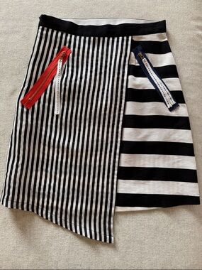 Black & White Striped A-Line Skirt with Red and Navy Zip Accents
